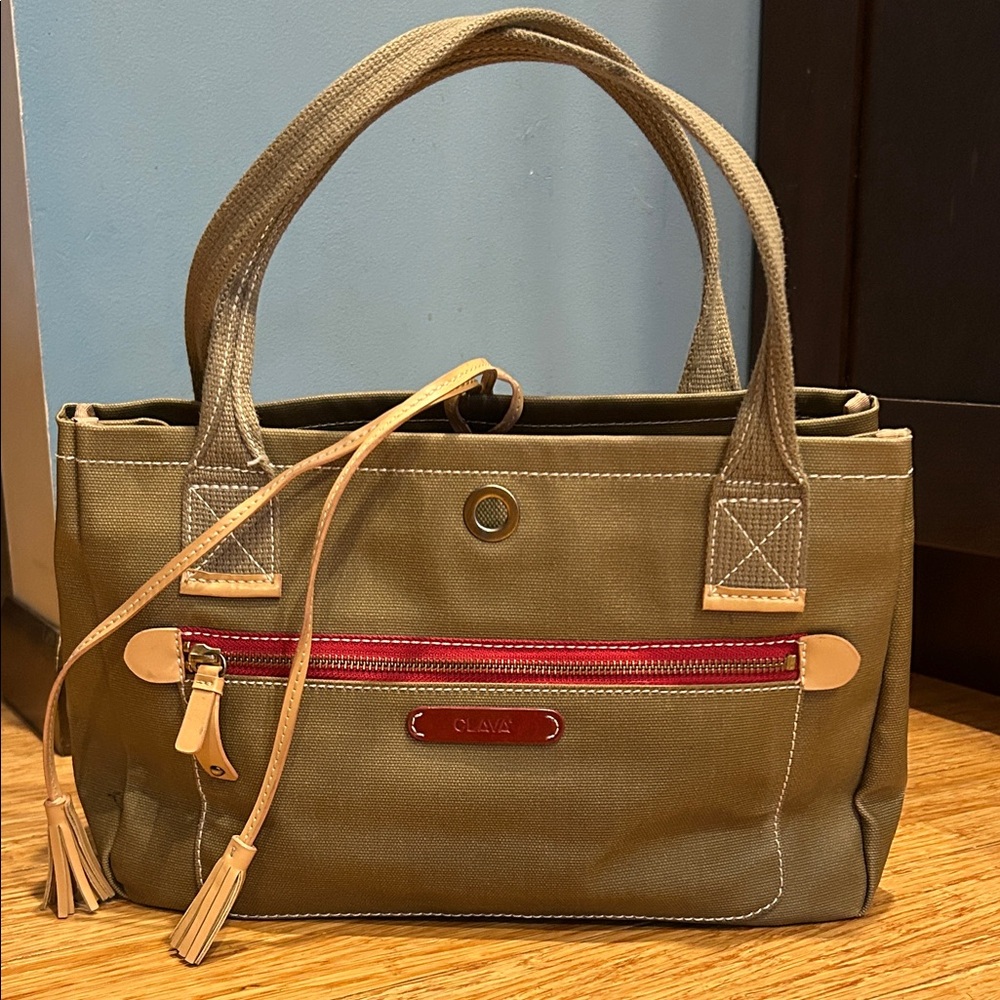 CLAVA Olive Canvas Tote with Red Zip Accent